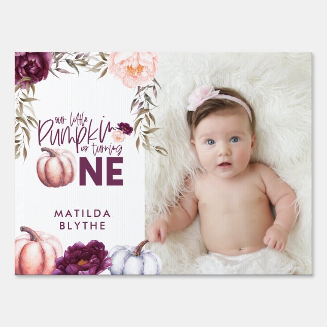 A little pumpkin fall purple peach birthday photo  sign (Front)