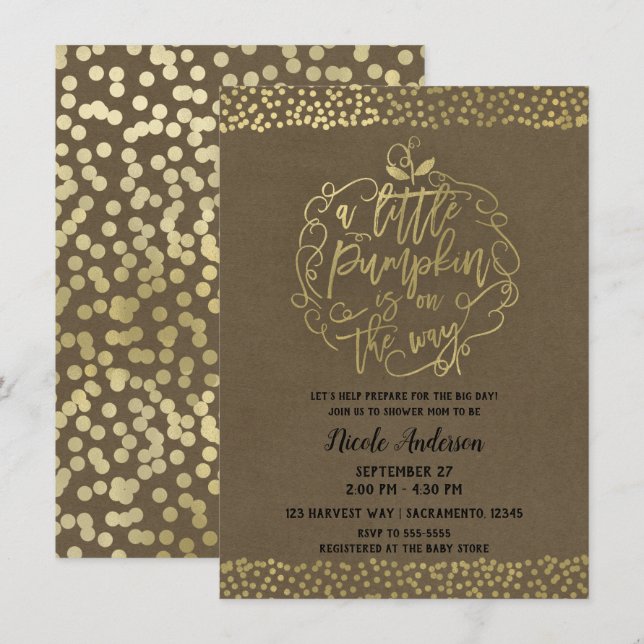 A little Pumpkin Fall Rustic Gold Baby Shower Invitation (Front/Back)