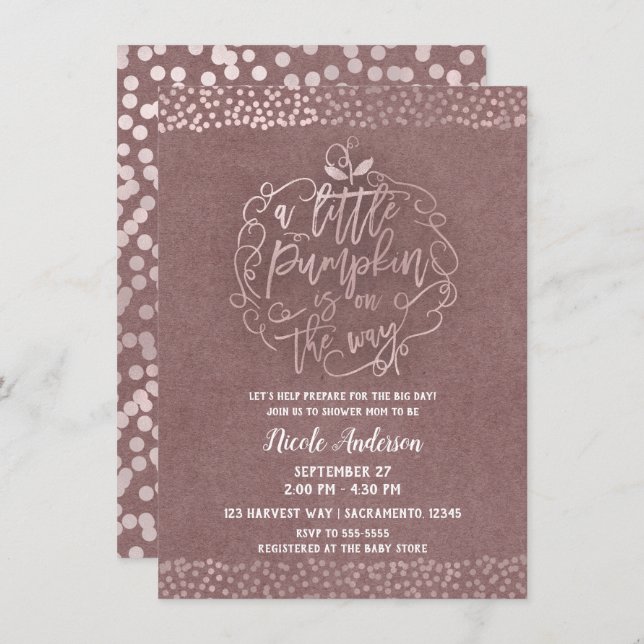A little Pumpkin Fall Rustic Rose Gold Baby Shower Invitation (Front/Back)