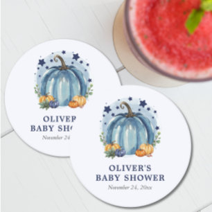 A Little Pumpkin Fall Theme Custom Boy Baby Shower Round Paper Coaster