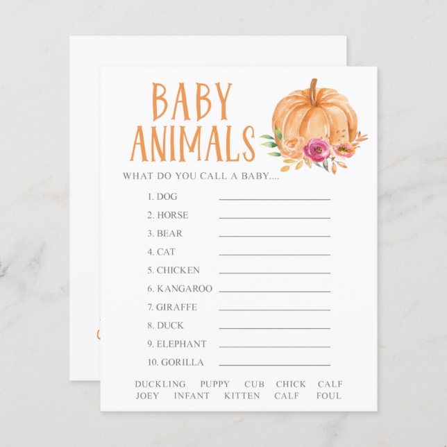 A Little Pumpkin Floral Baby Animals Shower Game (Front/Back)