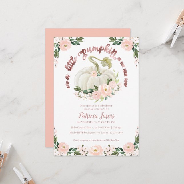 A Little Pumpkin Floral Baby Shower Invitation (Front/Back In Situ)