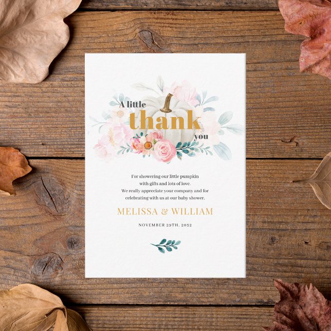 A Little Pumpkin Floral Baby Shower Thank You Note Card (Fall Floral White Pumpkin Baby Shower Thank You Card)