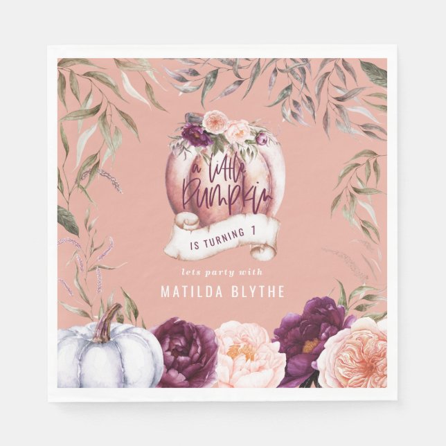 A little pumpkin floral fall 1st birthday party napkins (Front)