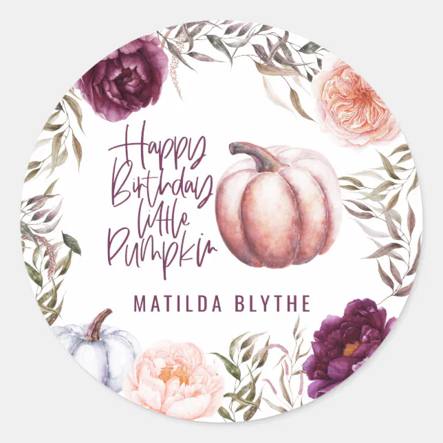 A little pumpkin floral fall birthday party classic round sticker | Zazzle
