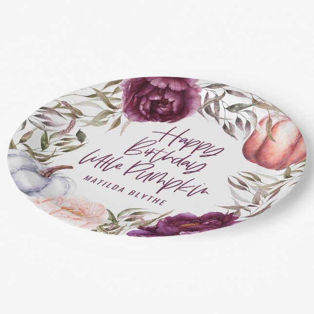 A little pumpkin floral fall birthday party paper  paper plates (Angled)