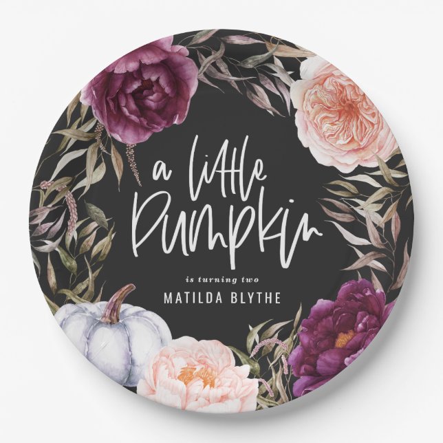 A little pumpkin floral fall birthday party paper plates (Front)