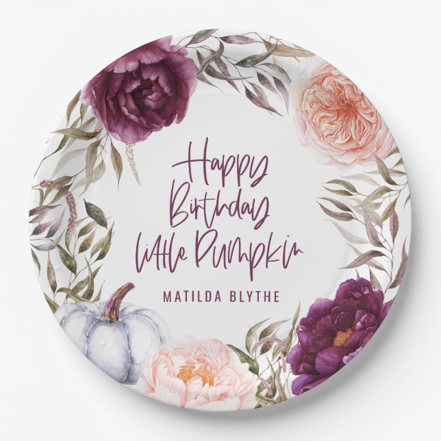 A little pumpkin floral fall birthday party paper  plates (Front)