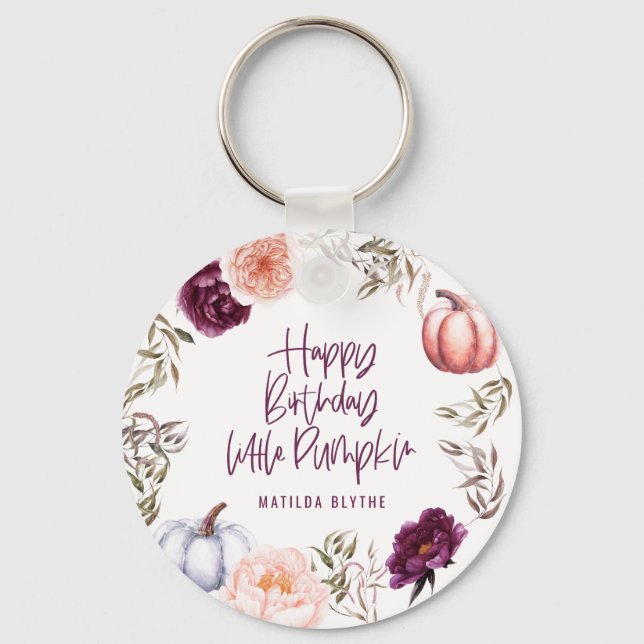 A little pumpkin floral fall birthday party  squar keychain (Front)