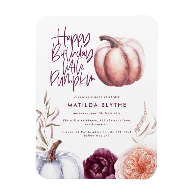 A little pumpkin floral fall purple peach birthday magnet (Vertical)