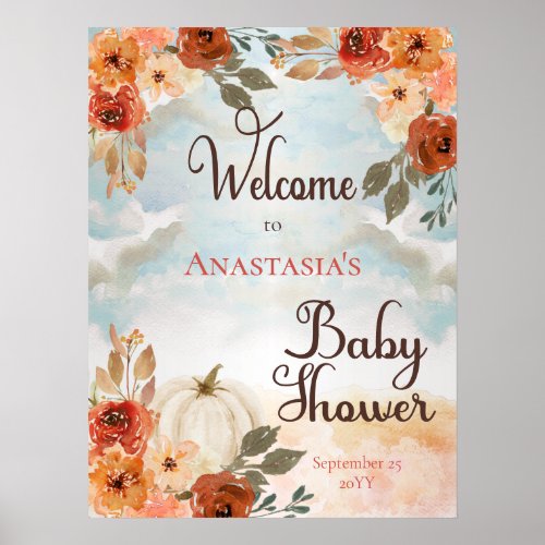 A Little Pumpkin  Floral Girl Baby Shower Welcome Poster