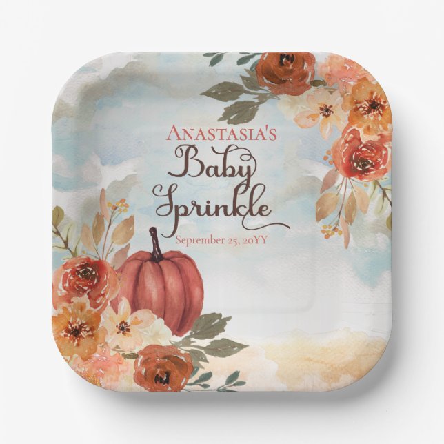 A Little Pumpkin | Floral Girl Baby Sprinkle Paper Plates (Front)