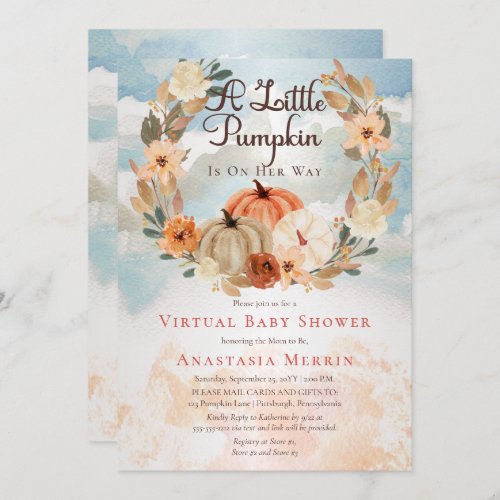 A Little Pumpkin  Floral Girl Virtual Baby Shower Invitation