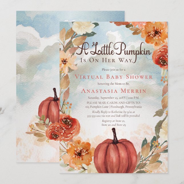 A Little Pumpkin | Floral Virtual Baby Shower Invitation (Front/Back)