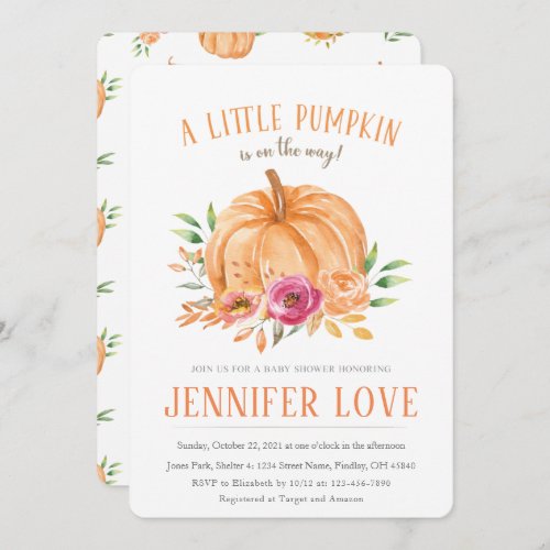 A Little Pumpkin Floral Watercolor Baby Shower Invitation