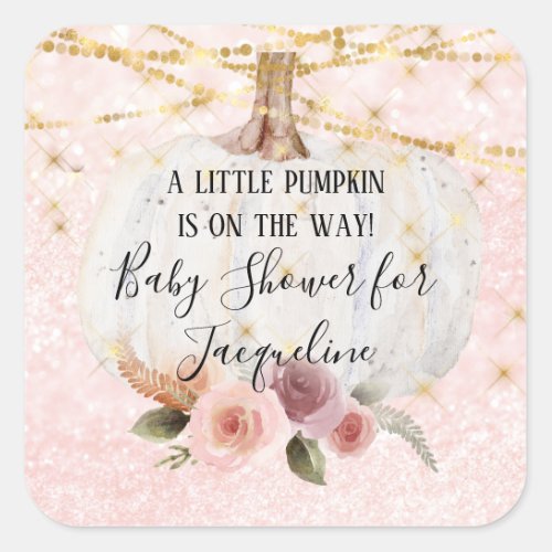 A Little Pumpkin Gold Glitter Floral Watercolor Square Sticker