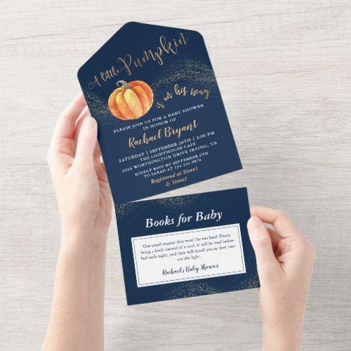 A little Pumpkin Gold Navy Blue Baby Shower  All In One Invitation