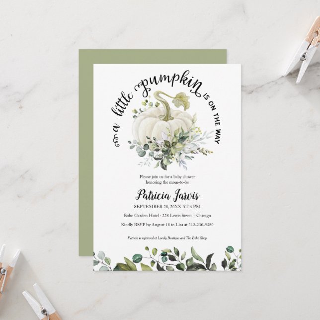 A Little Pumpkin Greenery Baby Shower Invitation (Front/Back In Situ)
