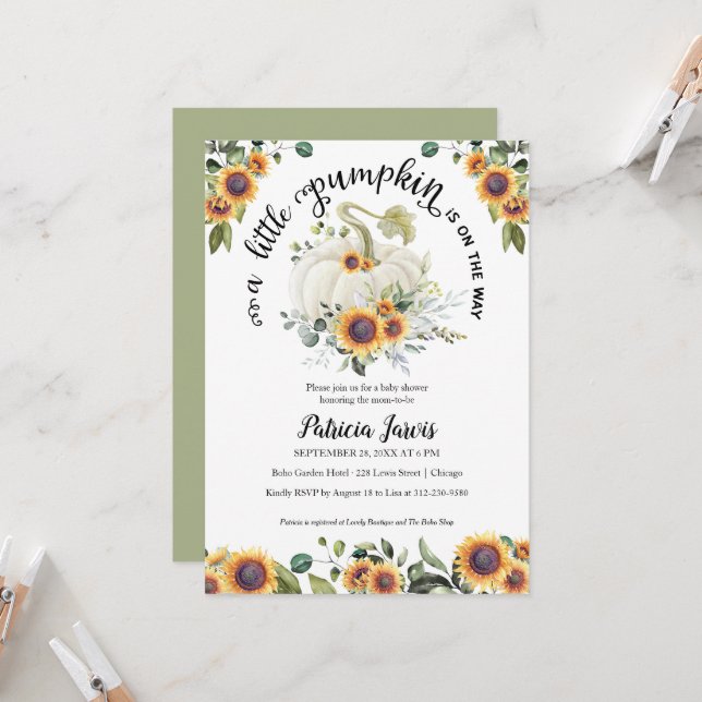 A Little Pumpkin Greenery Baby Shower Invitation (Front/Back In Situ)