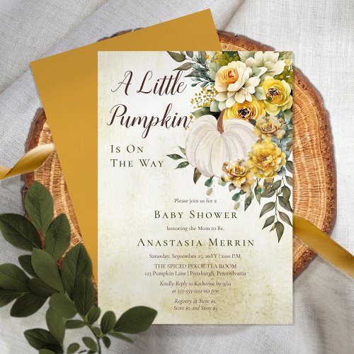 A Little Pumpkin Harvest Gold Floral Baby Shower Invitation