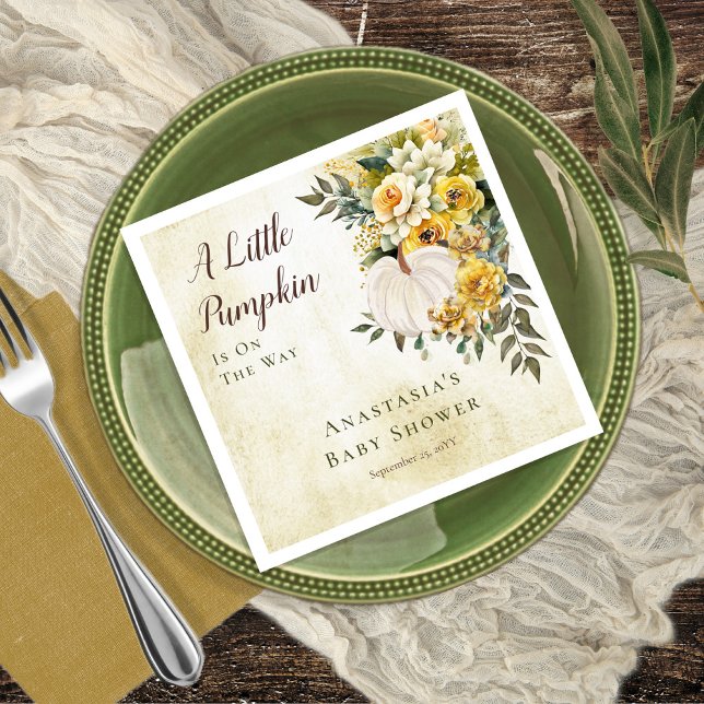 A Little Pumpkin Harvest Gold Floral Baby Shower Napkins (Boho chic elegant fall / autumn "A Little Pumpkin" gender neutral Baby Shower)