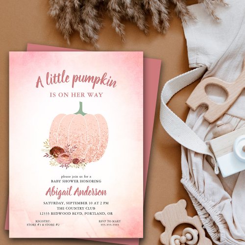 A Little Pumpkin In On Her Way Glitter Baby Shower Invitation