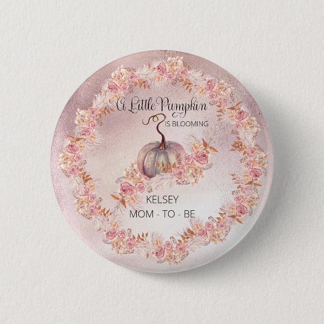 A Little Pumpkin Is Blooming Pink Baby Shower Button (Front)