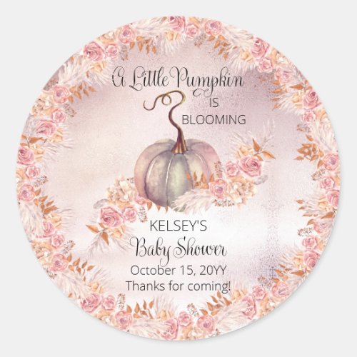 A Little Pumpkin Is Blooming Pink Baby Shower Classic Round Sticker
