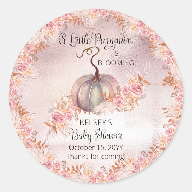 A Little Pumpkin Is Blooming Pink Baby Shower Classic Round Sticker (Front)