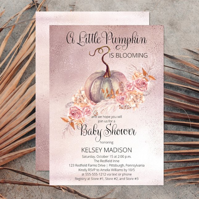 A Little Pumpkin Is Blooming Pink Baby Shower Invitation (Sweet "A Little Pumpkin Is Blooming" Fall Baby Shower perfect for celebrating baby's pending arrival)