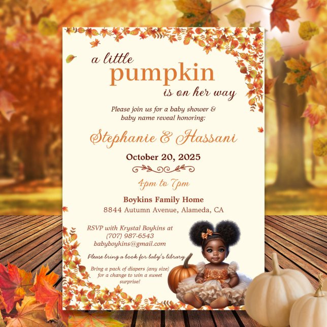 A Little Pumpkin is on Her Way Afro Puff Baby Girl Invitation (Celebrate your little pumpkin's arrival with this sweet Afro puff baby girl baby shower invitation!)