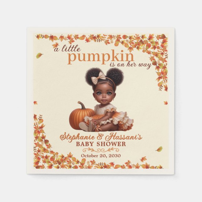 A Little Pumpkin is on Her Way Afro Puff Baby Girl Napkins (Front)