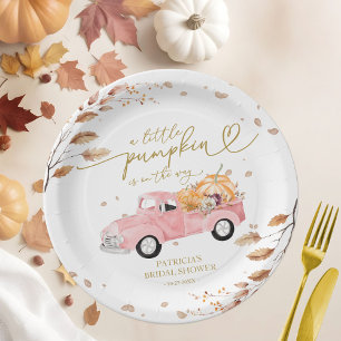 A Little Pumpkin Is On Her Way Pink Truck Paper Plates