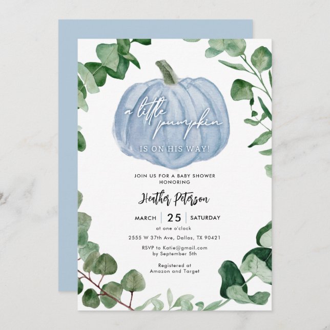 A Little Pumpkin Is On His Way Boy Baby Shower Invitation (Front/Back)