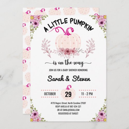A Little Pumpkin Is On The Way Baby Girl Shower Invitation