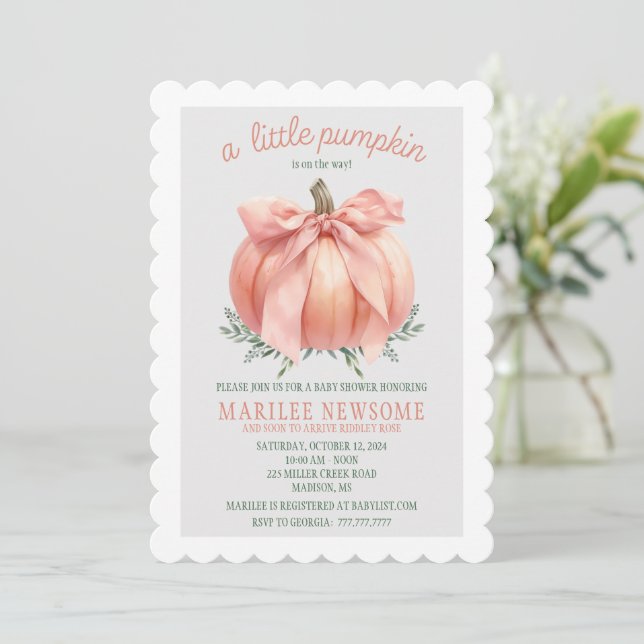 A Little Pumpkin is on the Way Baby Girl Shower Invitation (Standing Front)