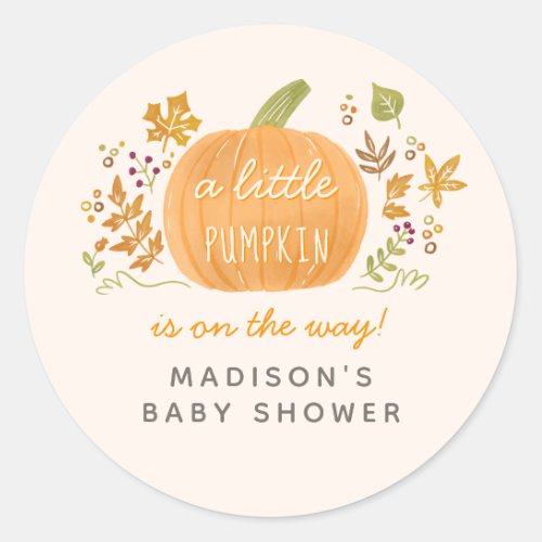 A Little Pumpkin Is On The Way Baby Shower Classic Round Sticker