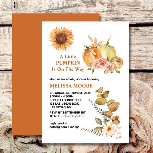 A little pumpkin is on the way baby shower invitation