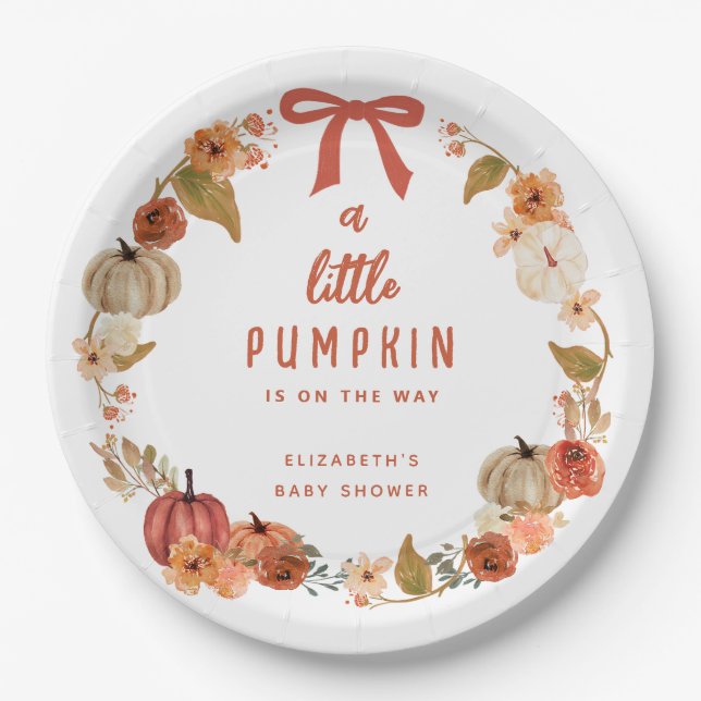 A Little Pumpkin Is On The Way Baby Shower Welcome Paper Plates (Front)