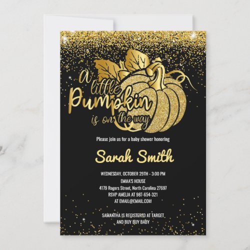 A Little Pumpkin is on The Way Black  Gold Invitation