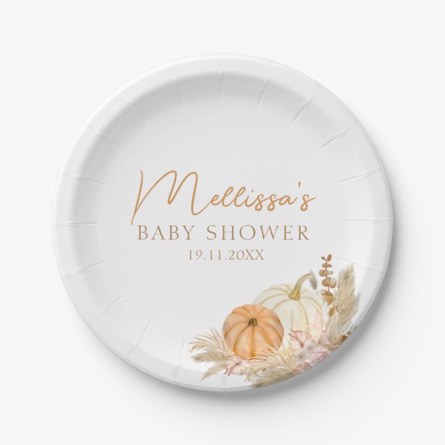 A Little Pumpkin Is On The Way Boho Autumn Fall  Paper Plates (Front)