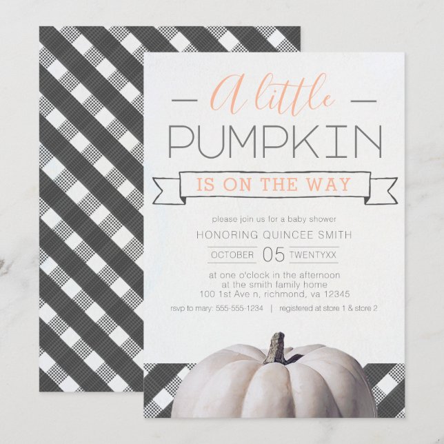 A Little Pumpkin is on the Way Buffalo Check Fall Invitation (Front/Back)