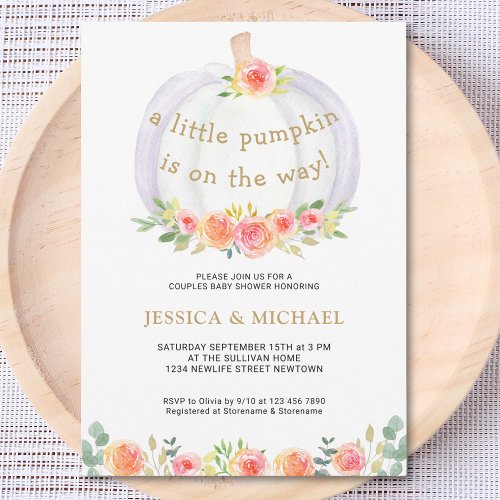 A Little Pumpkin Is On The Way Couples Baby Shower Invitation