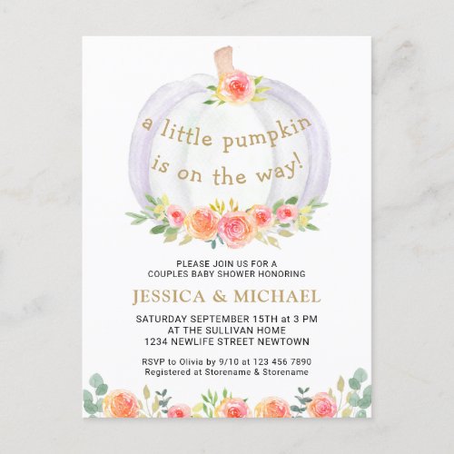 A Little Pumpkin Is on The Way Couples Baby Shower Invitation Postcard