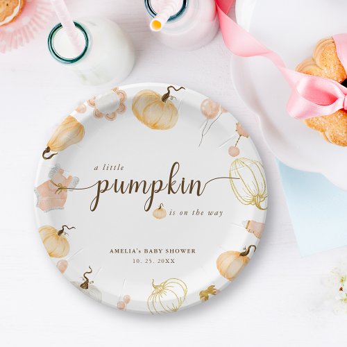 A Little Pumpkin Is On The Way Cute Baby Shower Paper Plates