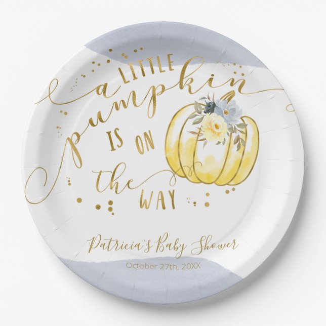 A Little Pumpkin Is On The Way Elegant Baby Shower Paper Plates (Front)