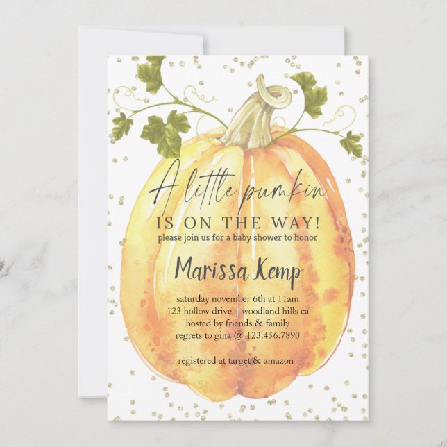 A little pumpkin is on the way, fall baby shower,  invitation (Front)