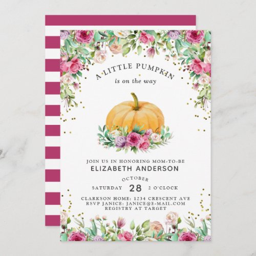 A Little Pumpkin Is On The Way Girly Floral Invita Invitation