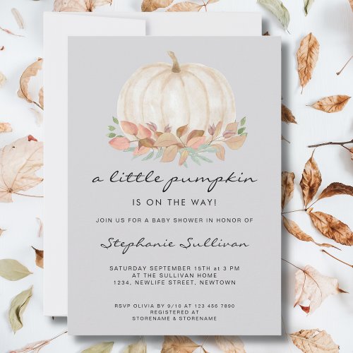 A Little Pumpkin Is On The Way Gray Baby Shower Invitation