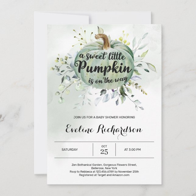 A little pumpkin is on the way greenery baby invitation (Front)